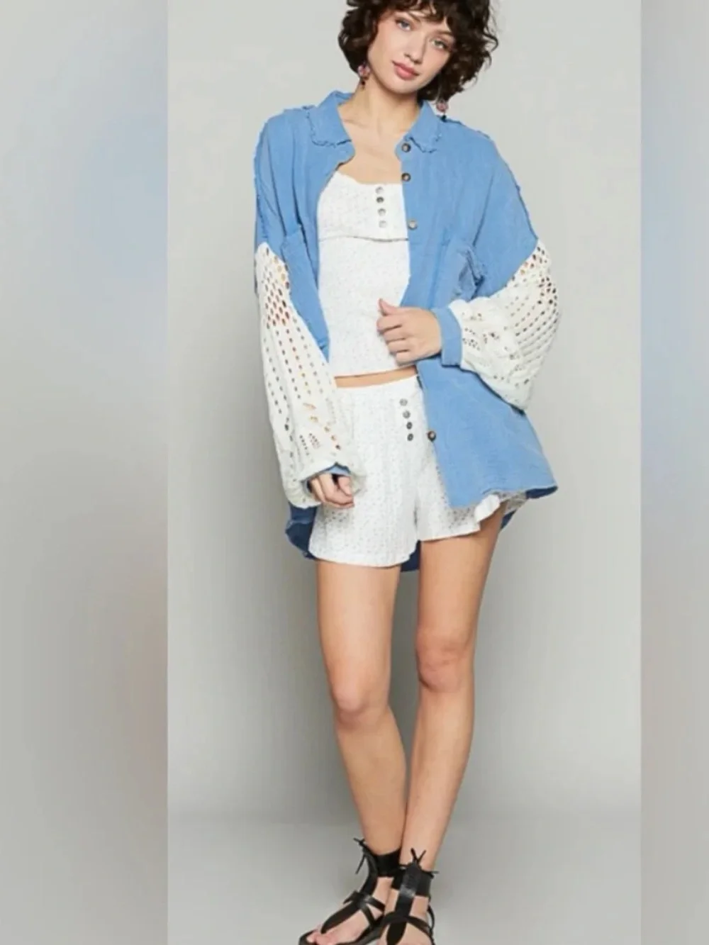 POL Clothing Blue Cotton Gauze Crochet Sleeve Button Up - Picture 4 of 8